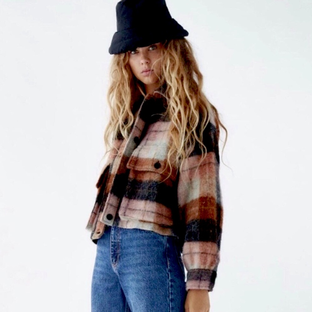 ZARA Cropped Plaid Overshirt Jacket XS